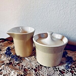 Vintage USA Stoneware Creamer and Sugar Set Warm Buttercream Glaze MCM Pottery